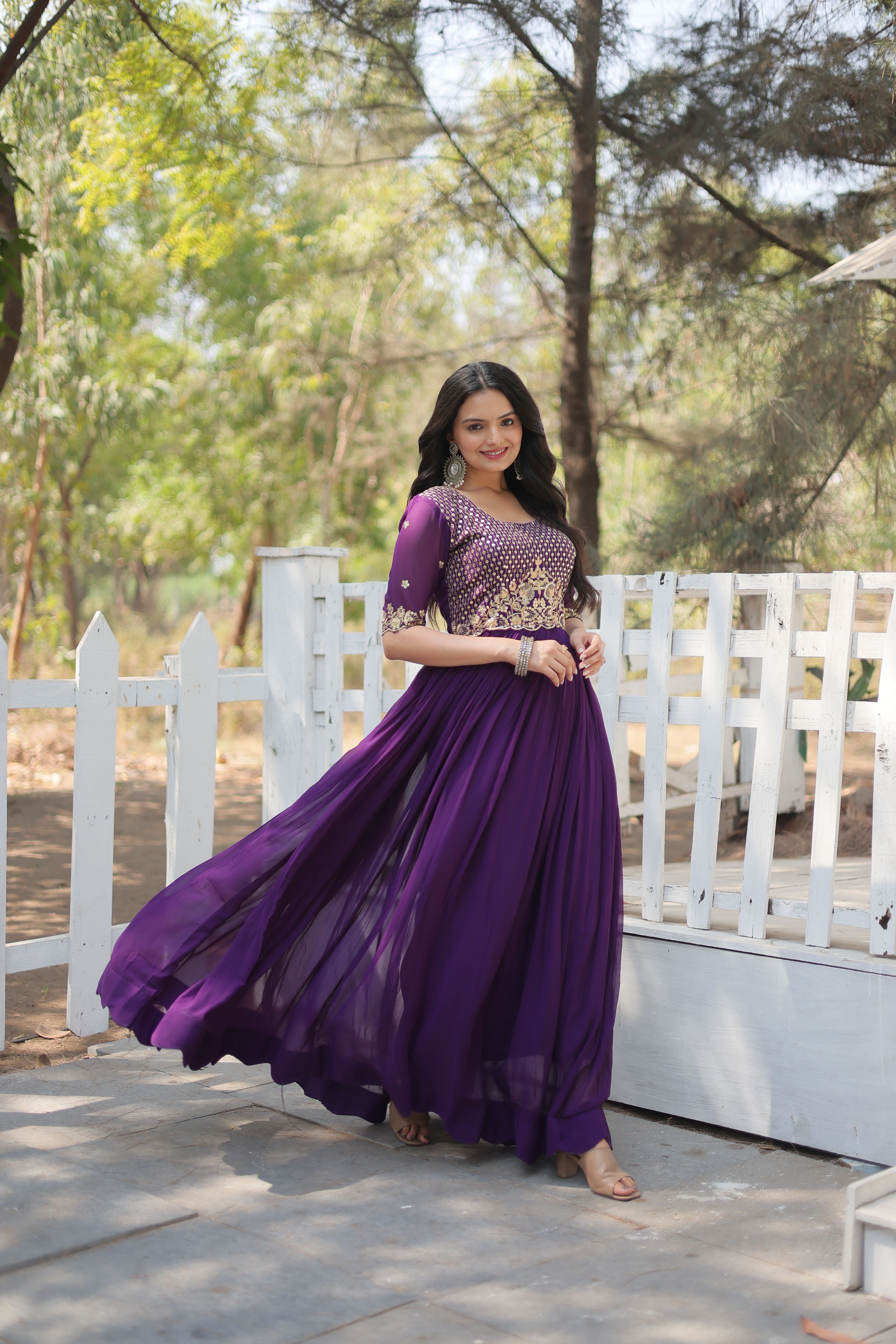 Aastha Purple with Gown Blooming Faux Georgette Embroidery Zari Sequins-work