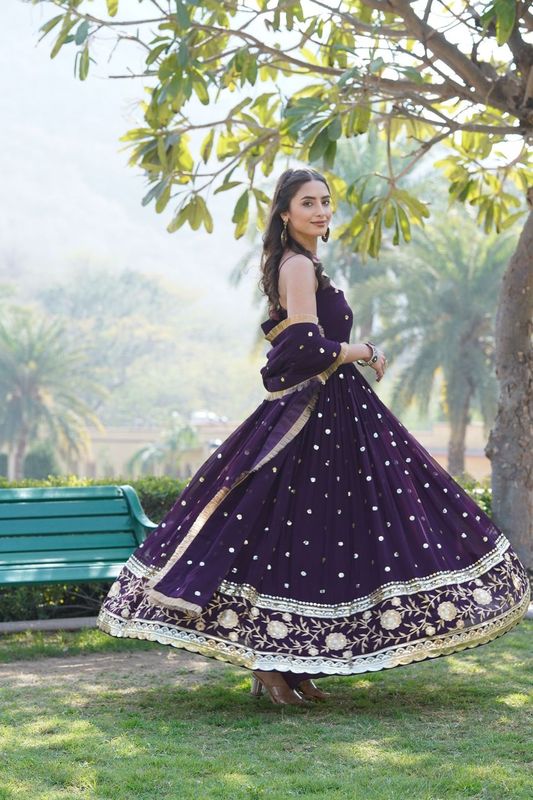 Aastha Wine Faux Georgette with Gown fabric Printed
