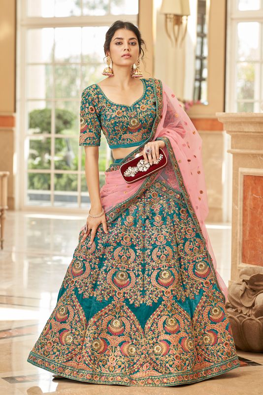 Aastha fashion Teal Velvet lehanga blouse fabric Thread, Zari, Dori and Sequins Embroidery Work