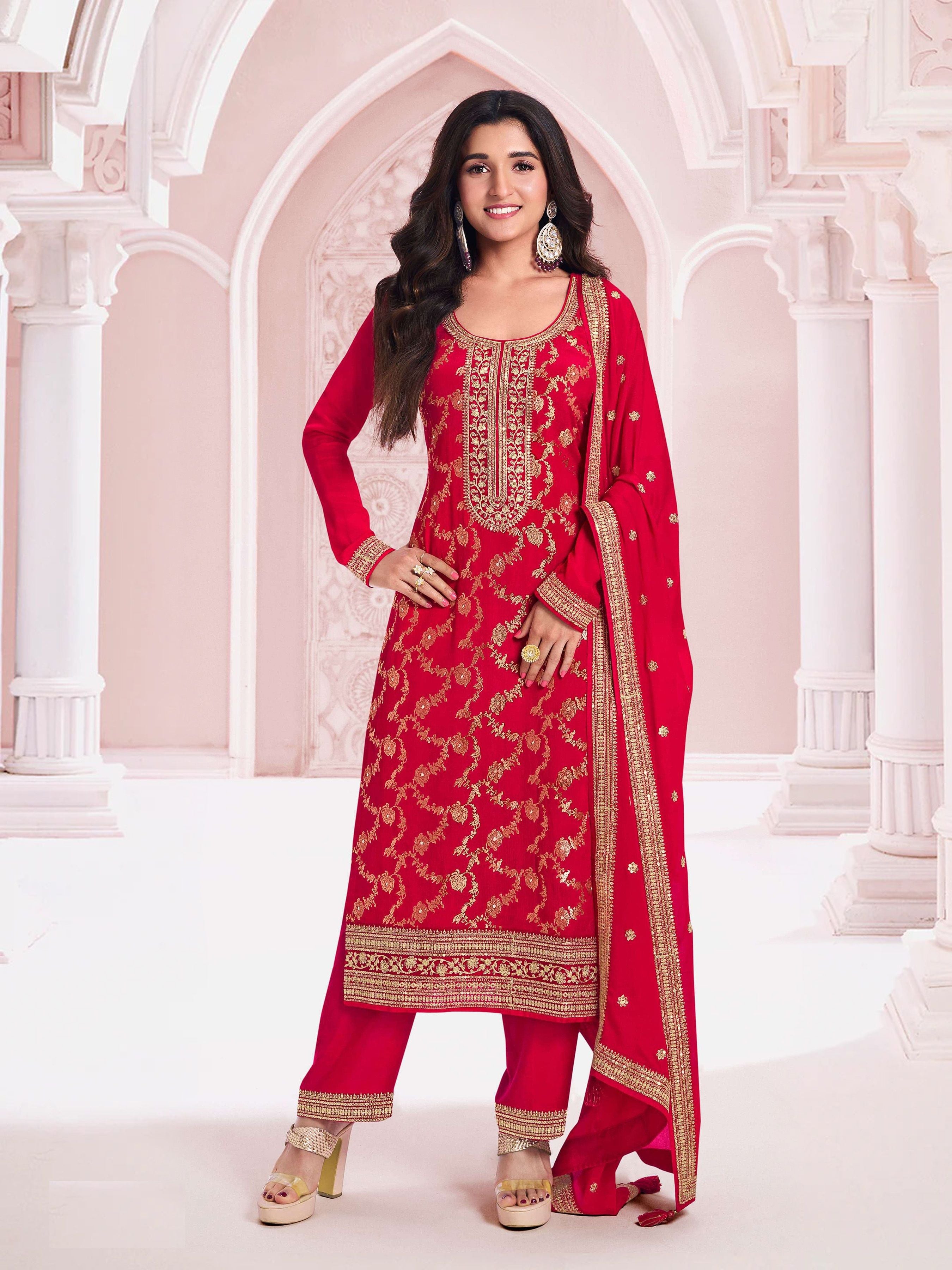 Aastha Red Dupatta with Jacquard Viscose top fabric santoon Bottom fabric