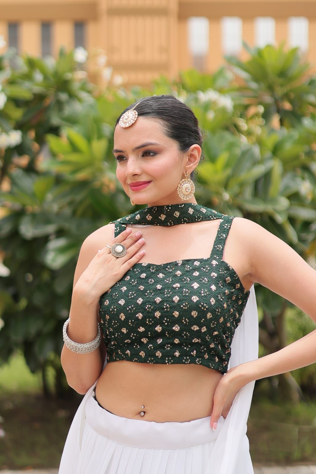 Aastha fashion white pure georgette lehanga green blouse fabric embroidery work