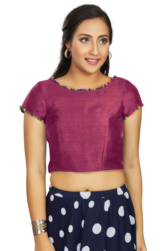 Aastha fashion Wine Art Slik Boat Neck Blouse Work Plain