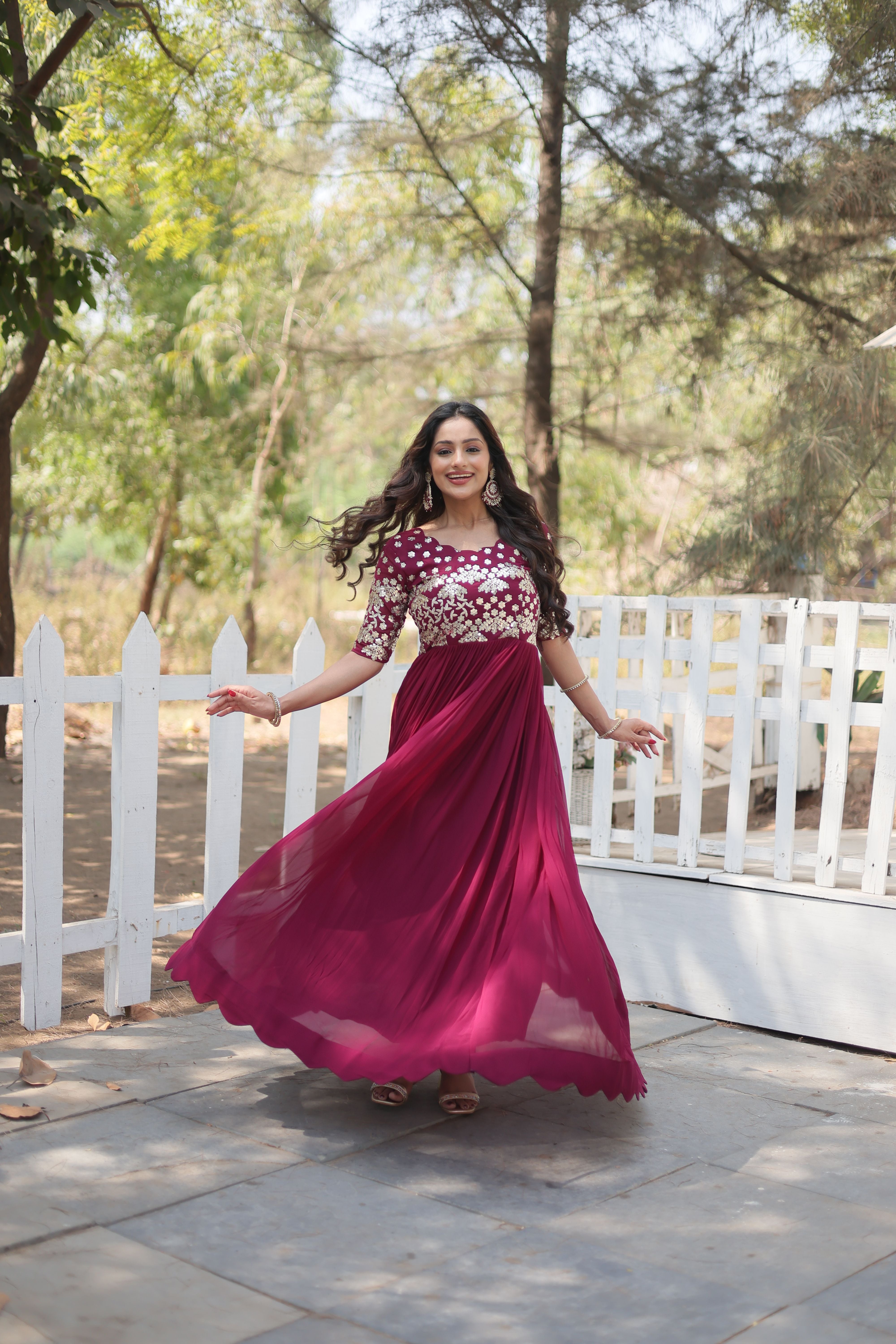 Aastha plum with Gown Faux Blooming Georgette Embroidery Zari Sequins-work