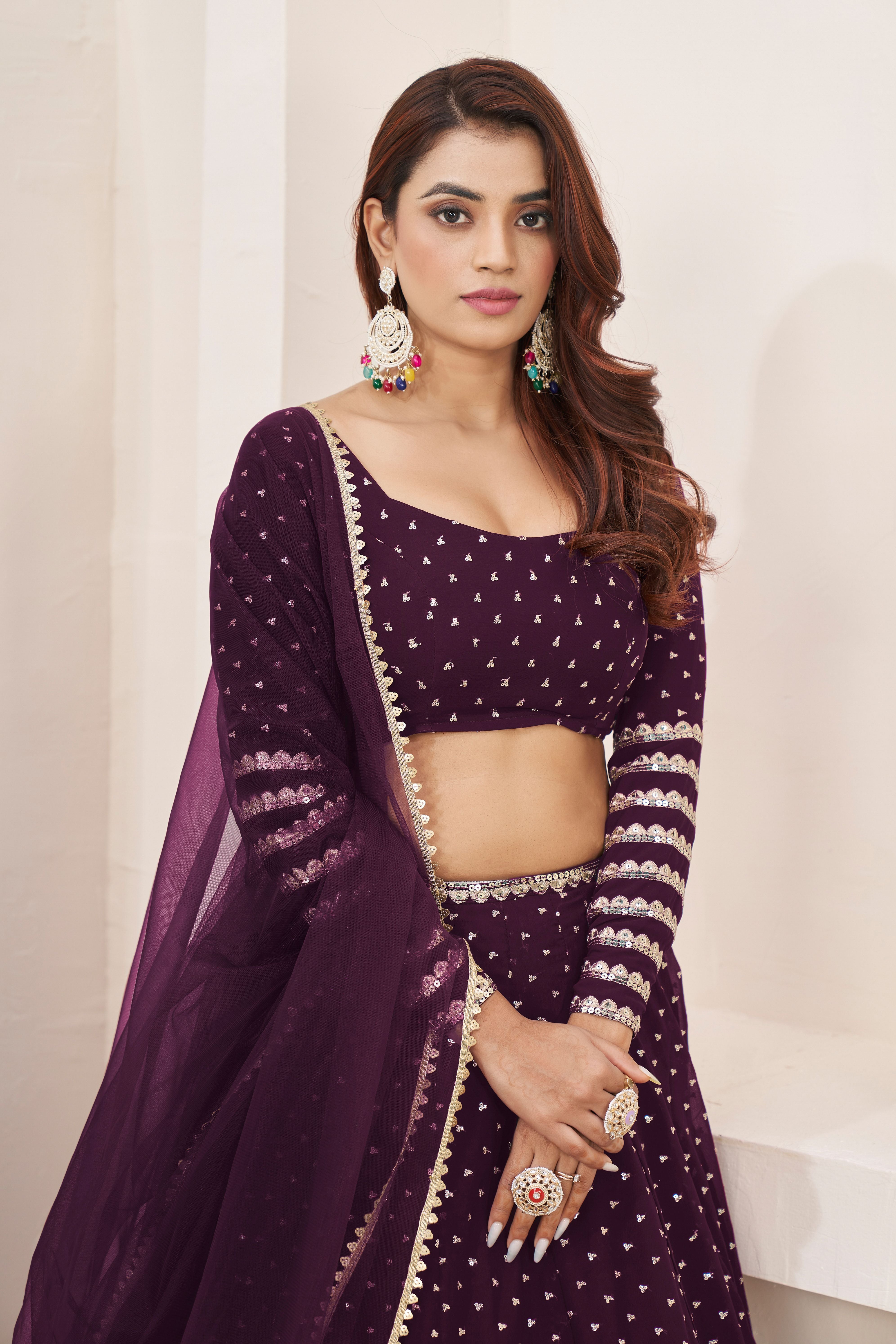 Aastha fashion violet georgrtte lehanga blouse fabric Sequins Zari Embroidered Work