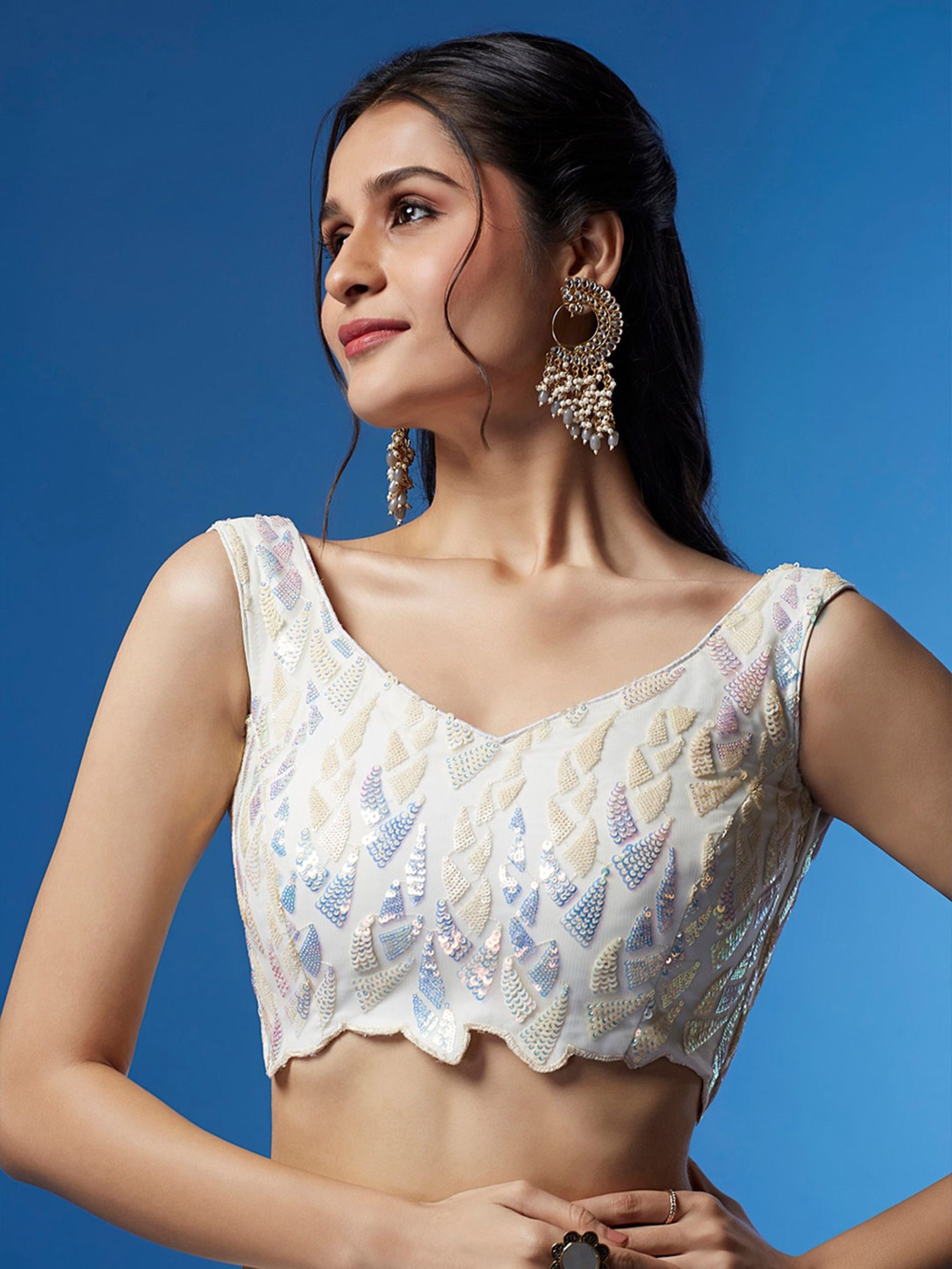 Aastha fashion White Soft net lehanga blouse fabric Multiple Sequins, Thread Embroidery Work