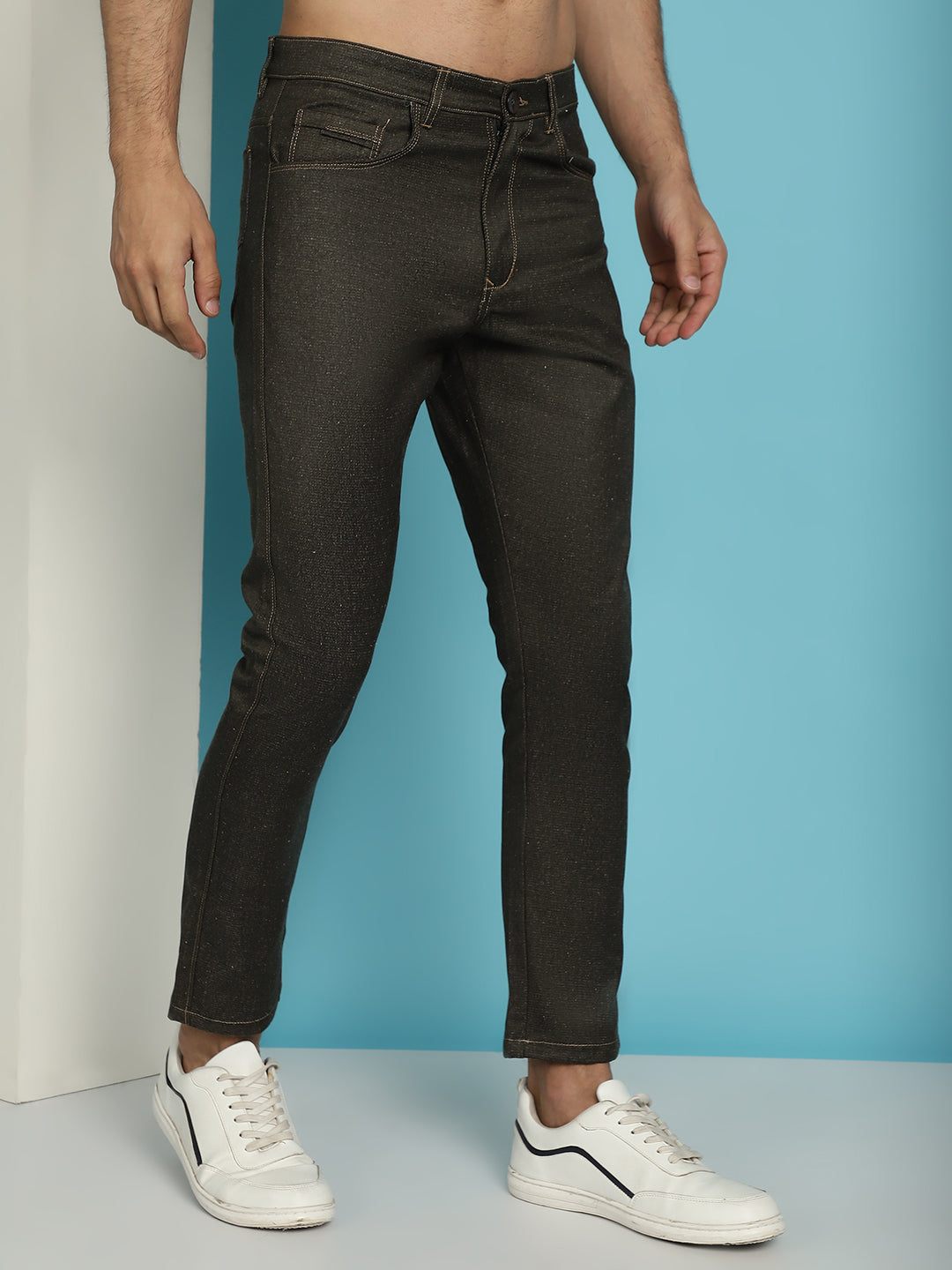 Men's Olive Green Solid Cotton Casual Trouser ( FGP 277Olive )