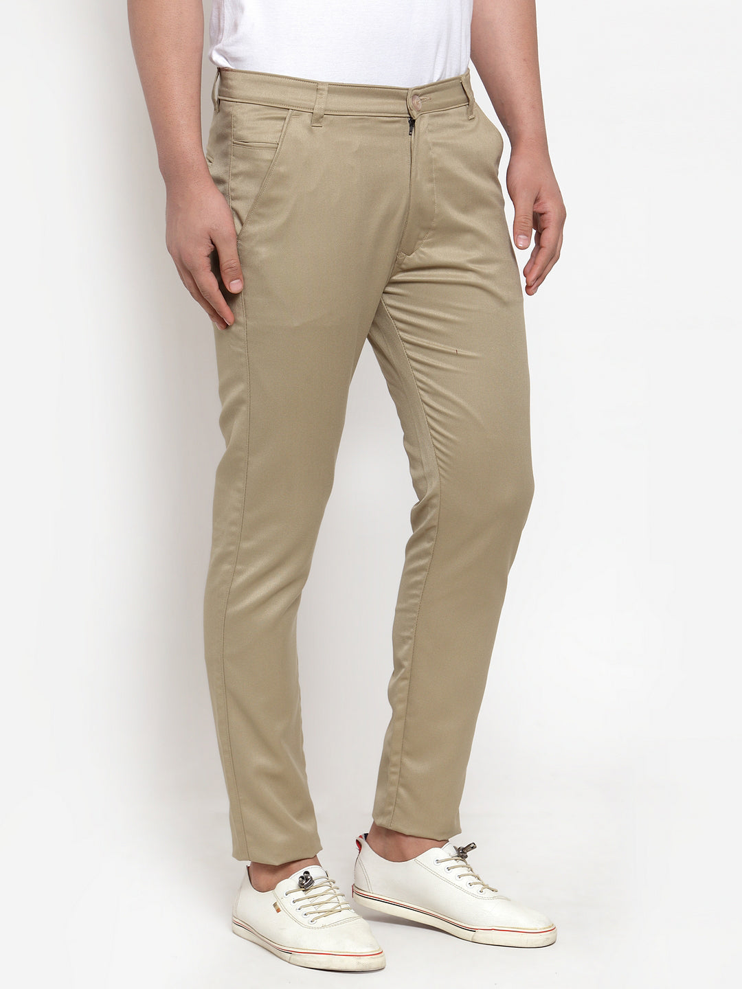 Indian Needle Men Beige Slim Fit Formal Trousers