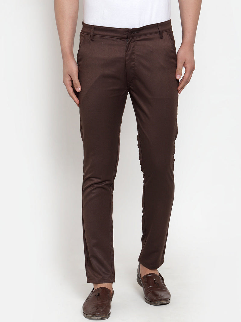 Indian Needle Men's Brown Solid Formal Trousers