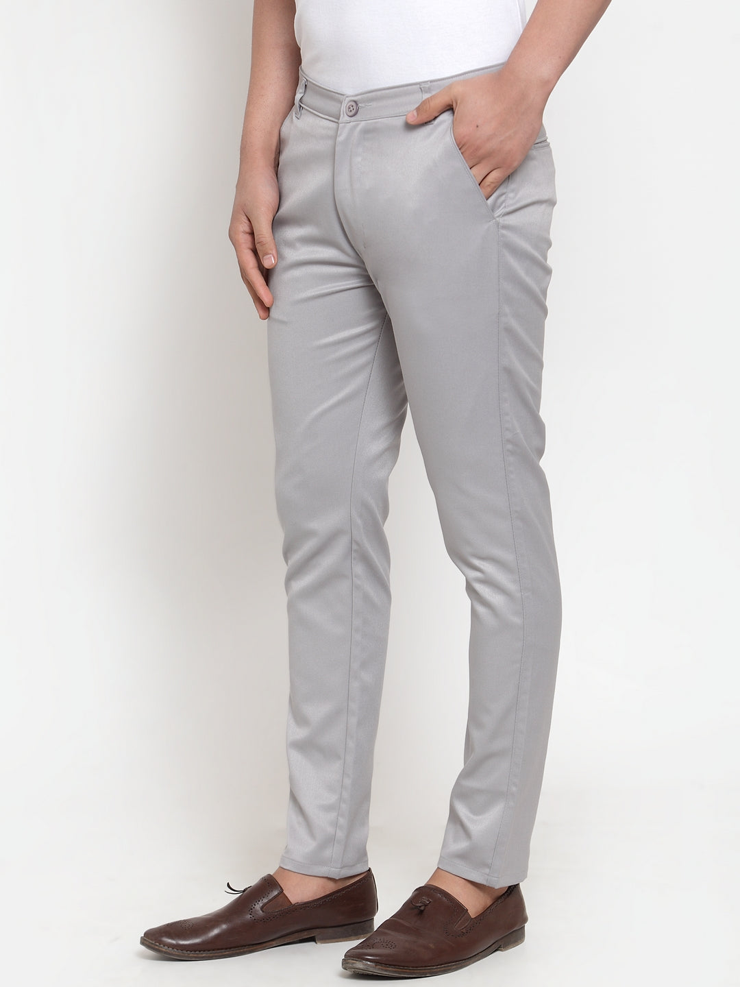 Indian Needle Men's Grey Solid Formal Trousers