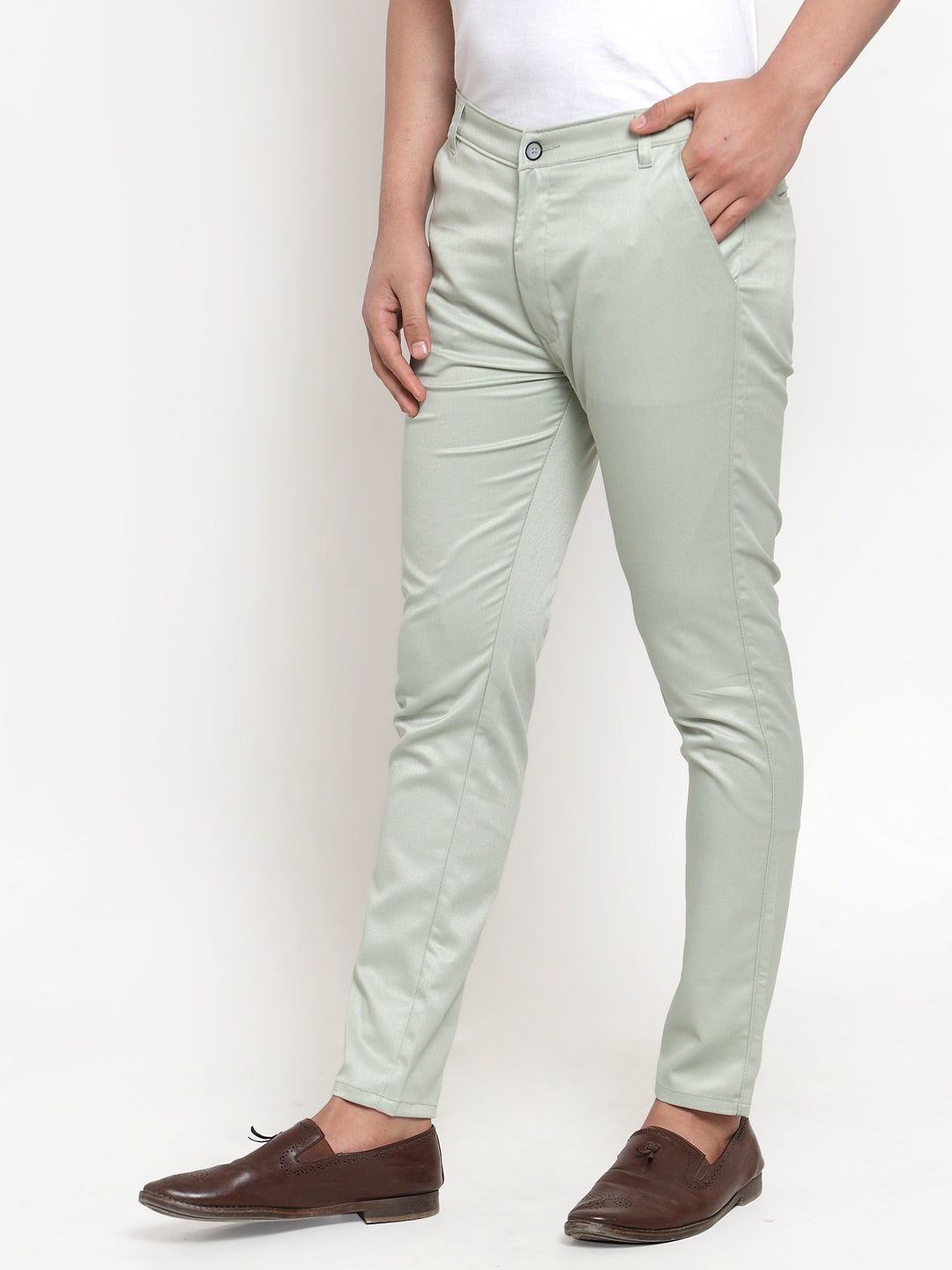 Indian Needle Men's Green Solid Formal Trousers