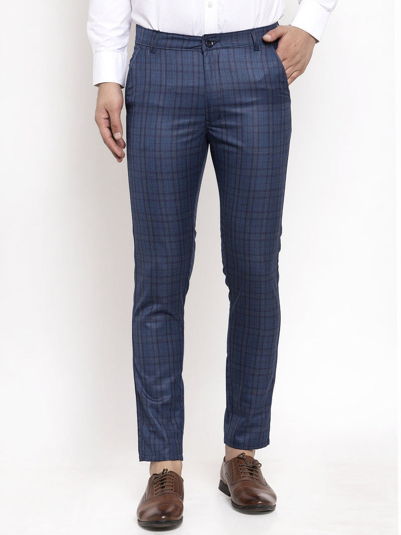 Indian Needle Men's Navy Cotton Checked Formal Trousers