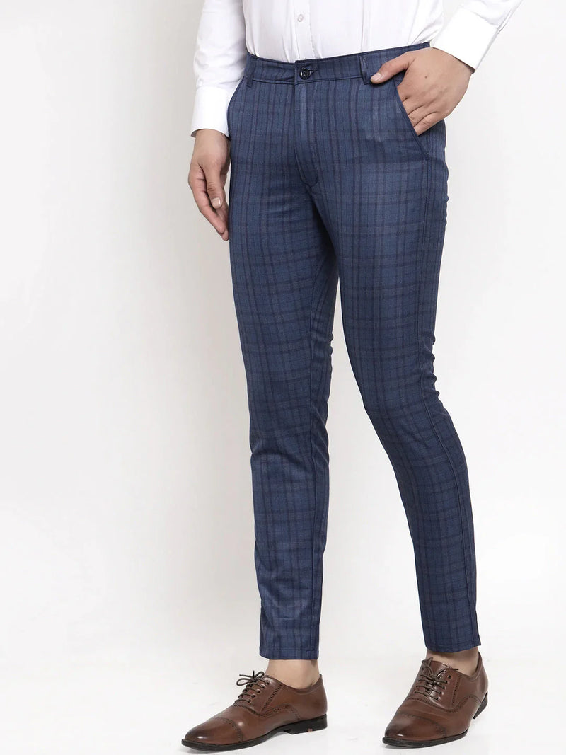 Jainish Men's Navy Cotton Checked Formal Trousers ( GP 259Navy-Blue )