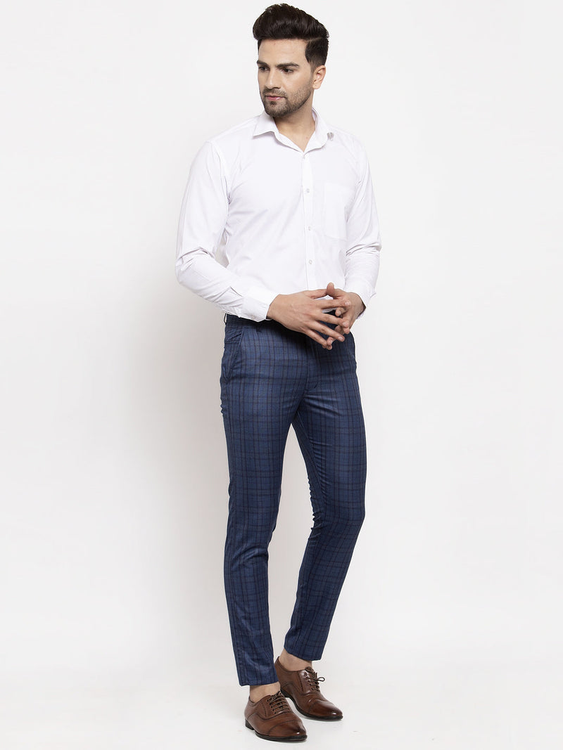 Indian Needle Men's Navy Cotton Checked Formal Trousers