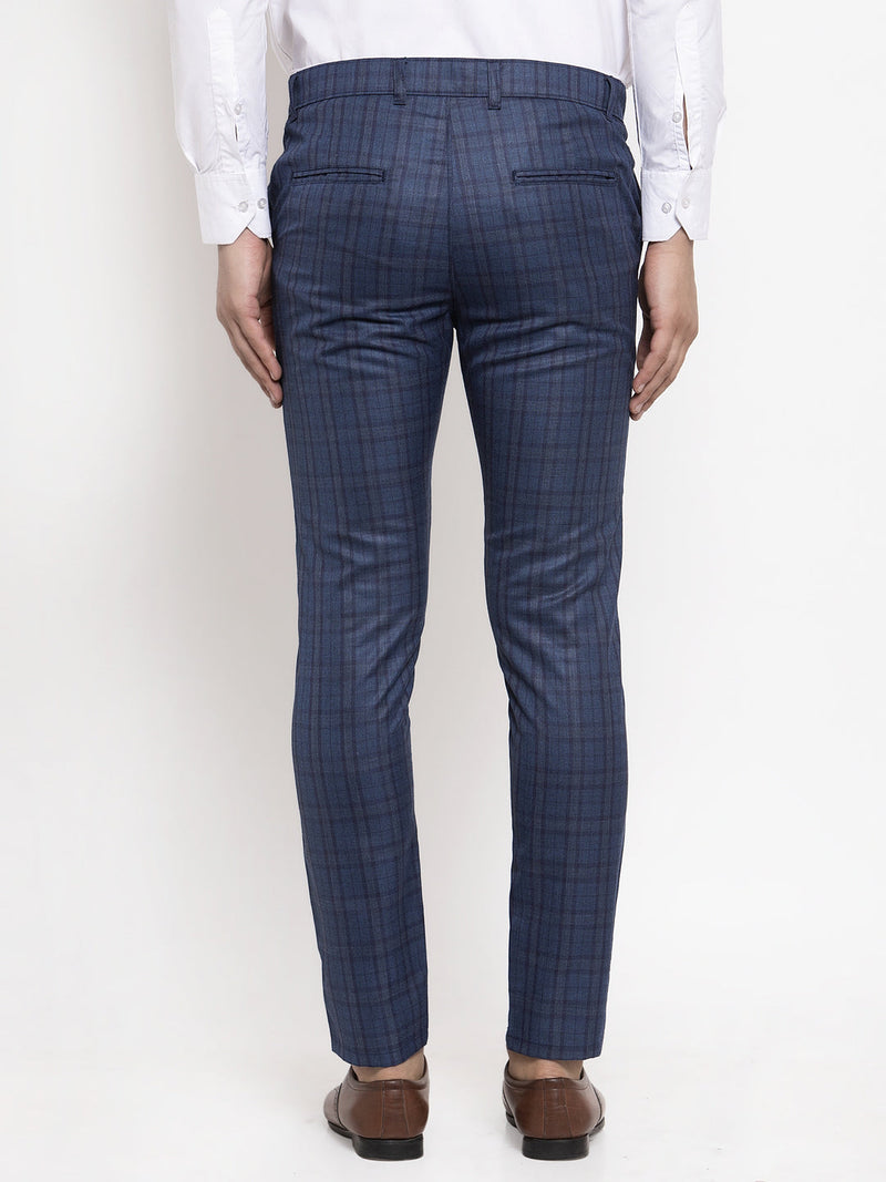 Indian Needle Men's Navy Cotton Checked Formal Trousers