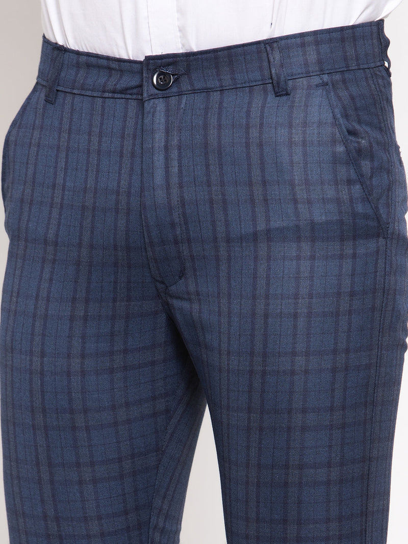 Indian Needle Men's Navy Cotton Checked Formal Trousers