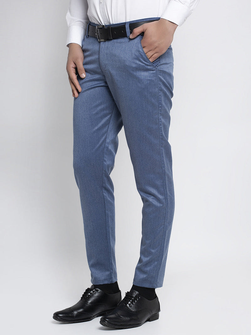 Indian Needle Men's Blue Cotton Solid Formal Trousers