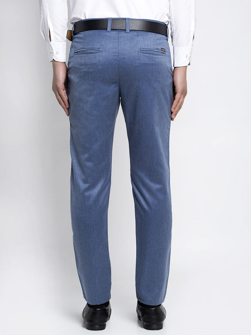 Indian Needle Men's Blue Cotton Solid Formal Trousers