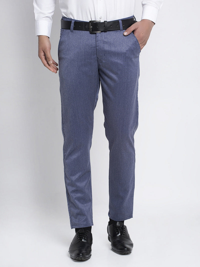 Indian Needle Men's Blue Cotton Solid Formal Trousers