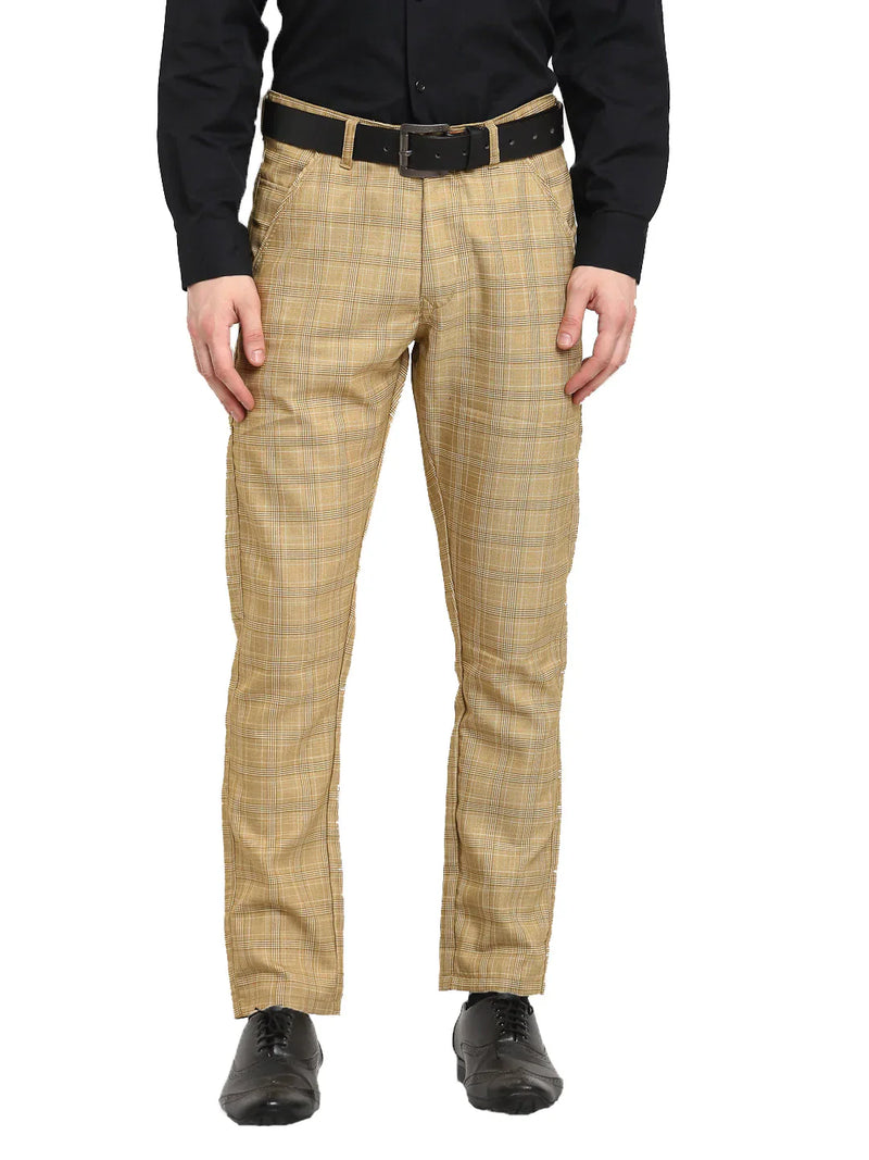 Jainish Men's Beige Cotton Checked Formal Trousers ( FGP 267Beige )