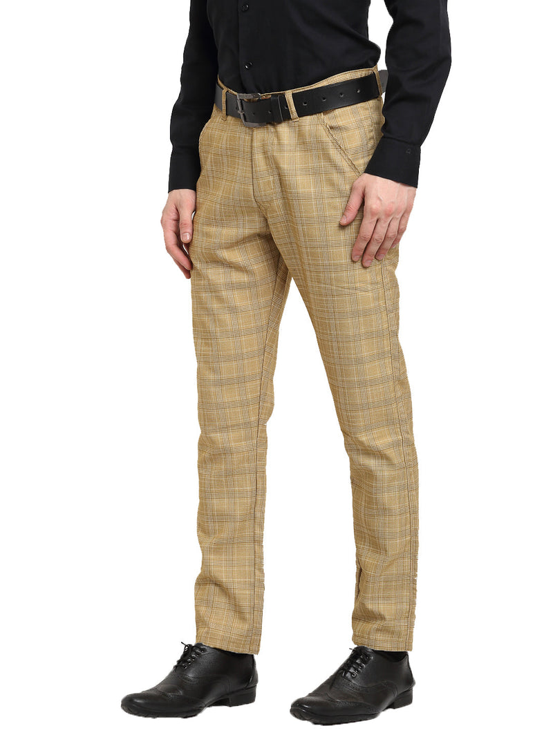 Indian Needle Men's Beige Cotton Checked Formal Trousers