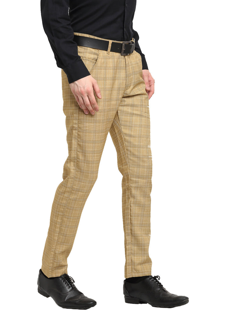 Indian Needle Men's Beige Cotton Checked Formal Trousers