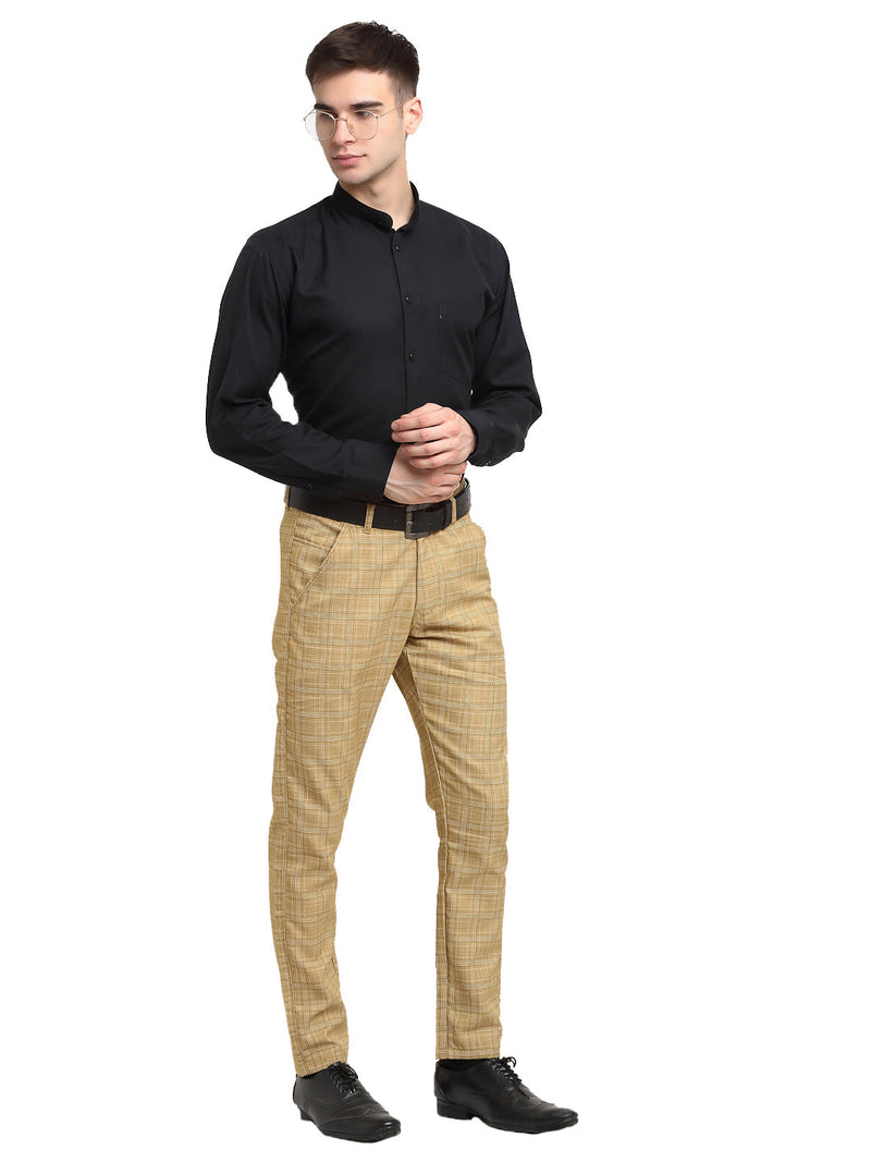 Indian Needle Men's Beige Cotton Checked Formal Trousers