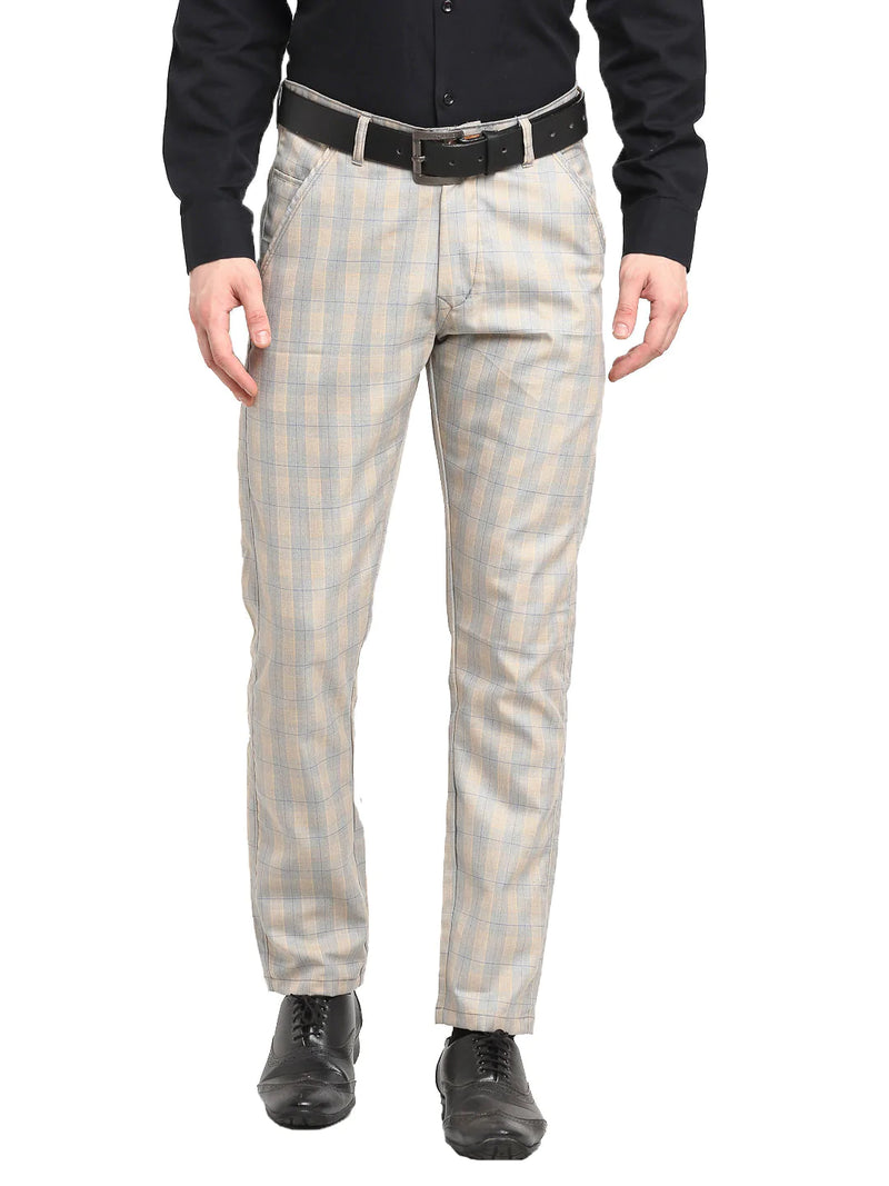 Jainish Men's Blue Cotton Checked Formal Trousers ( FGP 267Blue )