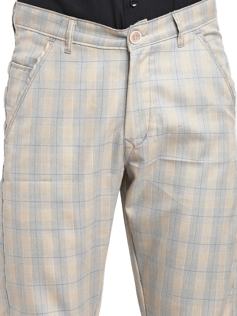 Indian Needle Men's Blue Cotton Checked Formal Trousers