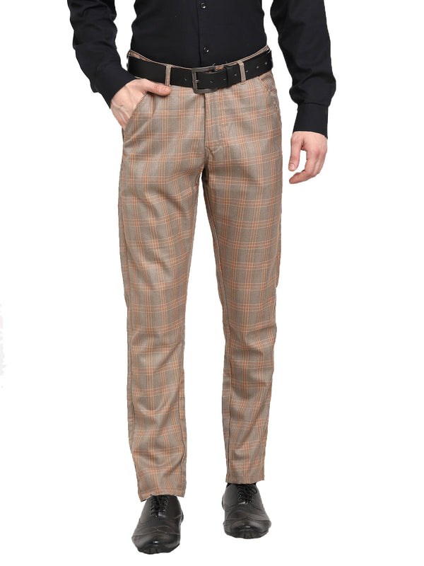 Indian Needle Men's Brown Cotton Checked Formal Trousers