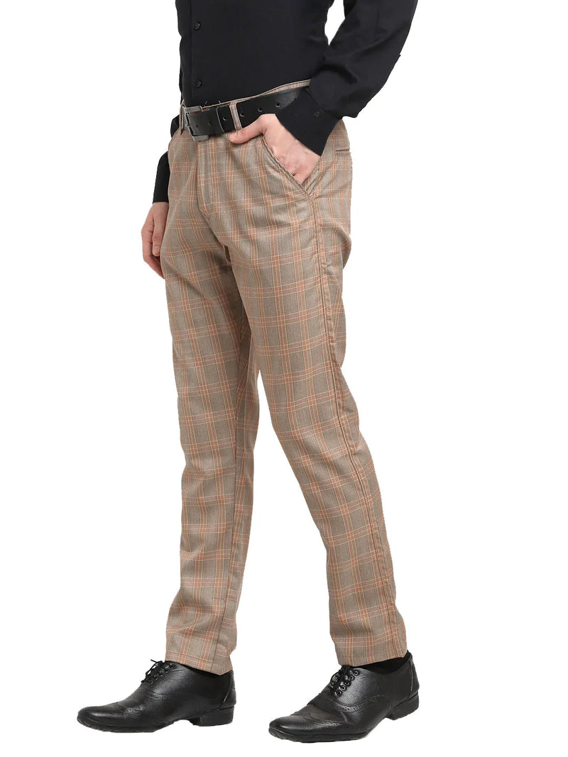 Jainish Men's Brown Cotton Checked Formal Trousers ( FGP 267Brown )