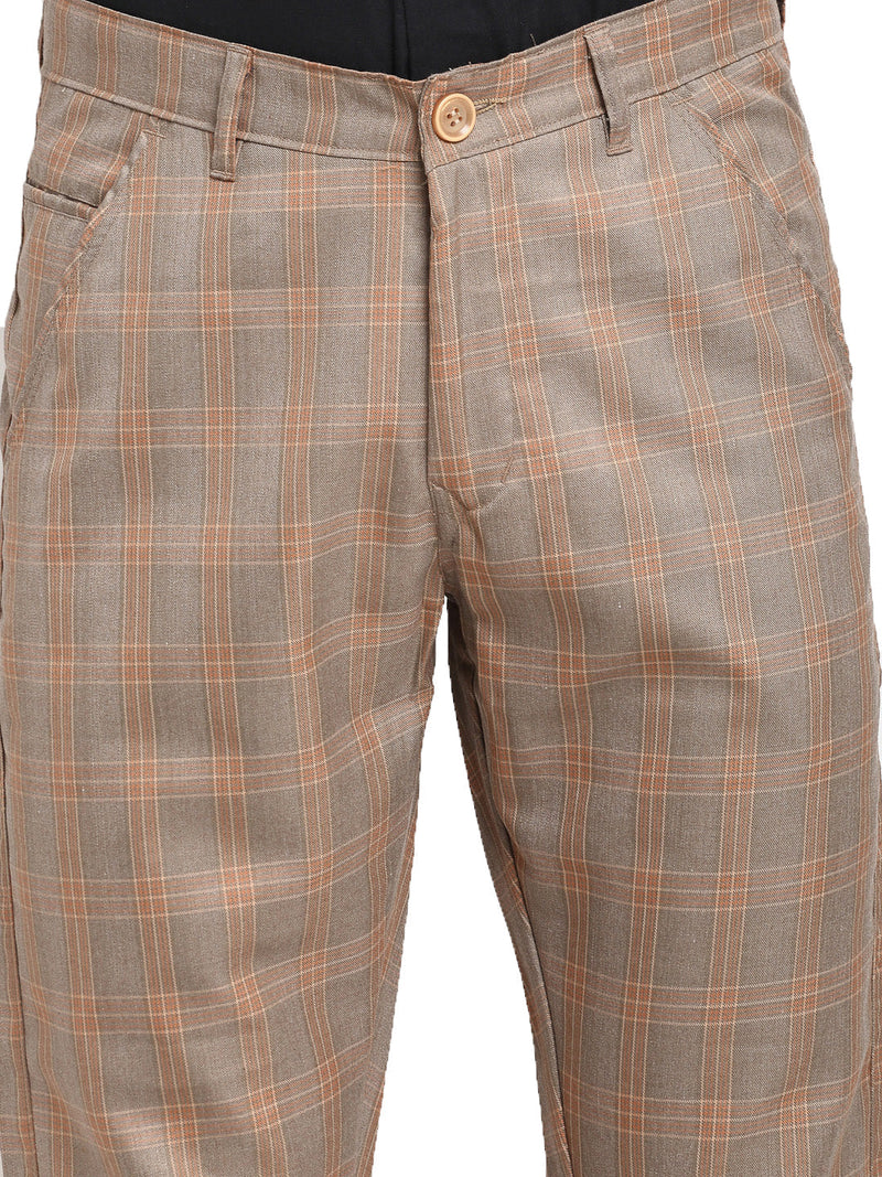 Indian Needle Men's Brown Cotton Checked Formal Trousers