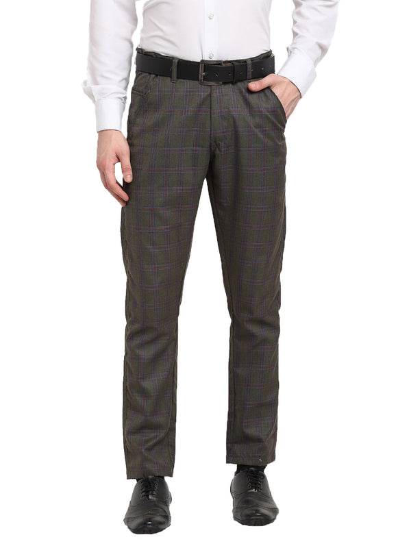 Indian Needle Men's Black Cotton Checked Formal Trousers