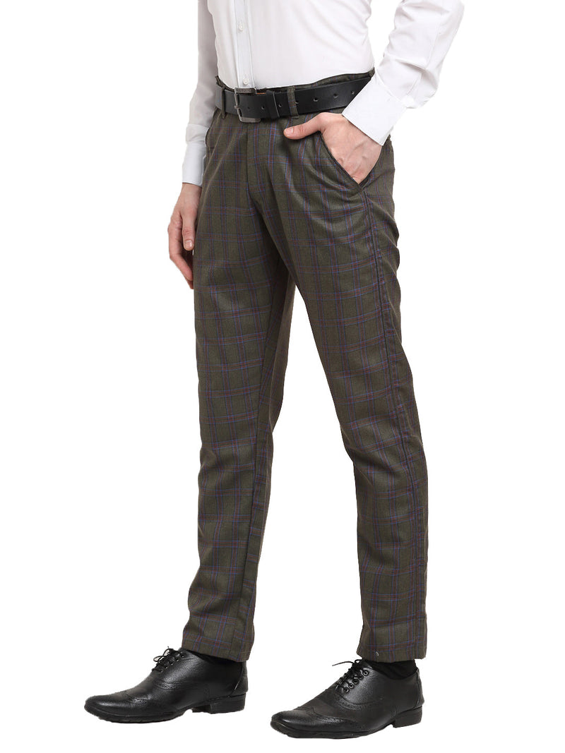 Indian Needle Men's Black Cotton Checked Formal Trousers