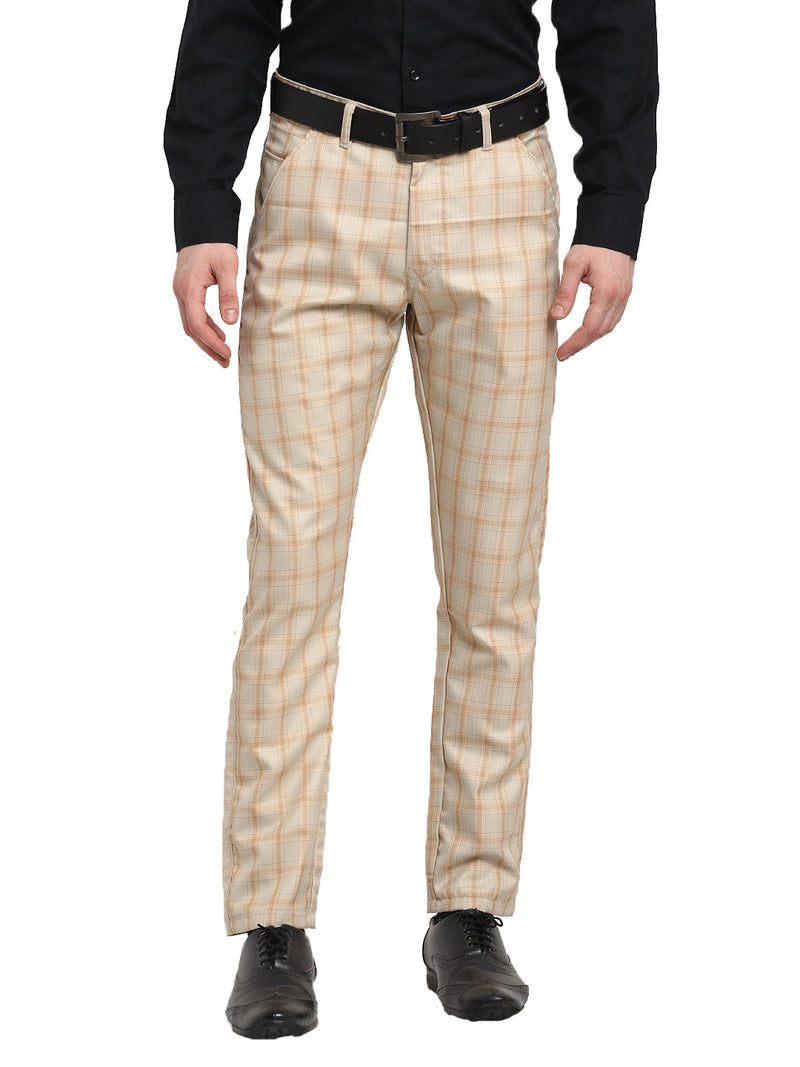 Indian Needle Men's Cream Cotton Checked Formal Trousers