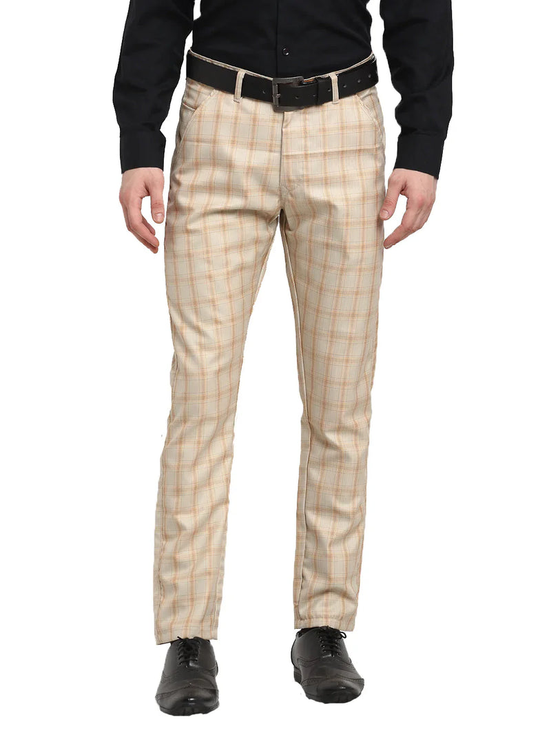 Jainish Men's Cream Cotton Checked Formal Trousers ( FGP 267Cream )