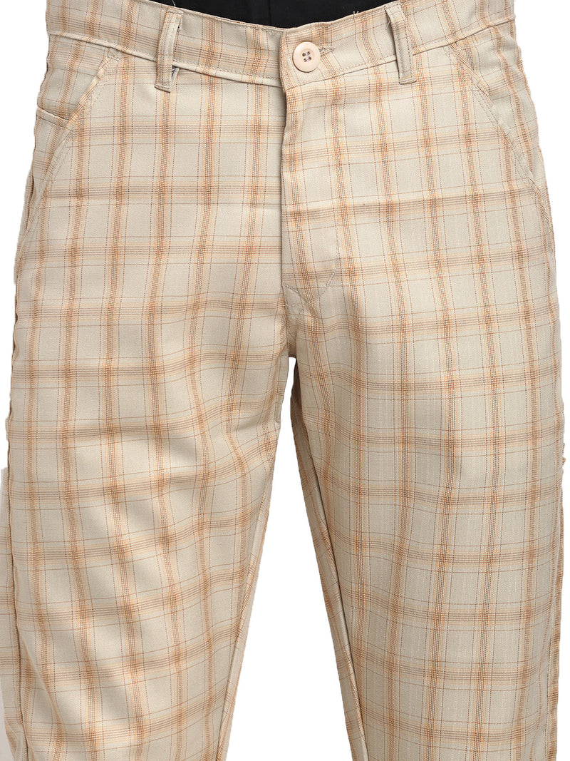 Indian Needle Men's Cream Cotton Checked Formal Trousers