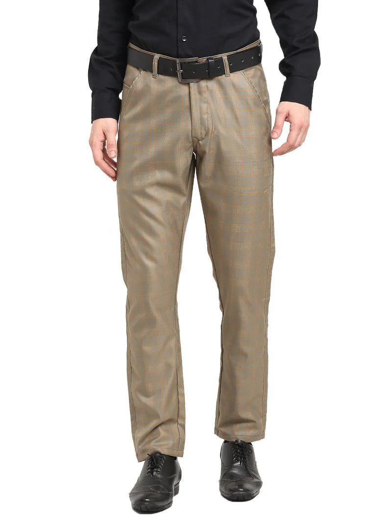 Jainish Men's Brown Cotton Checked Formal Trousers ( FGP 267Dark-Brown )