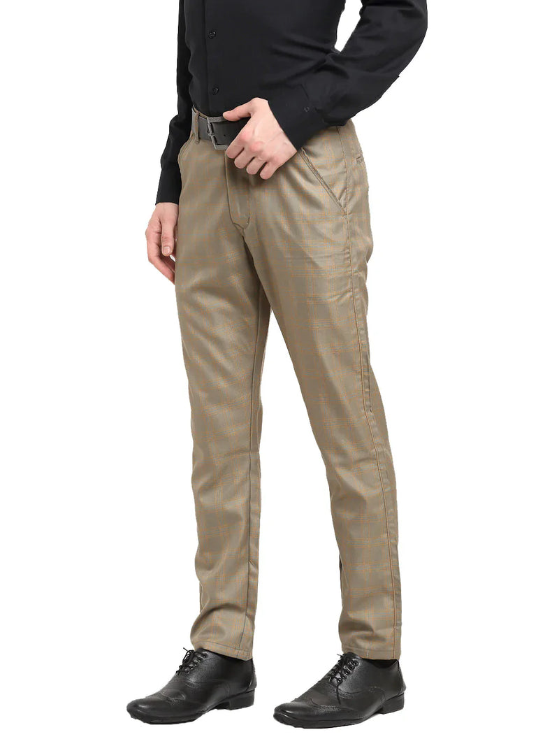 Jainish Men's Brown Cotton Checked Formal Trousers ( FGP 267Dark-Brown )