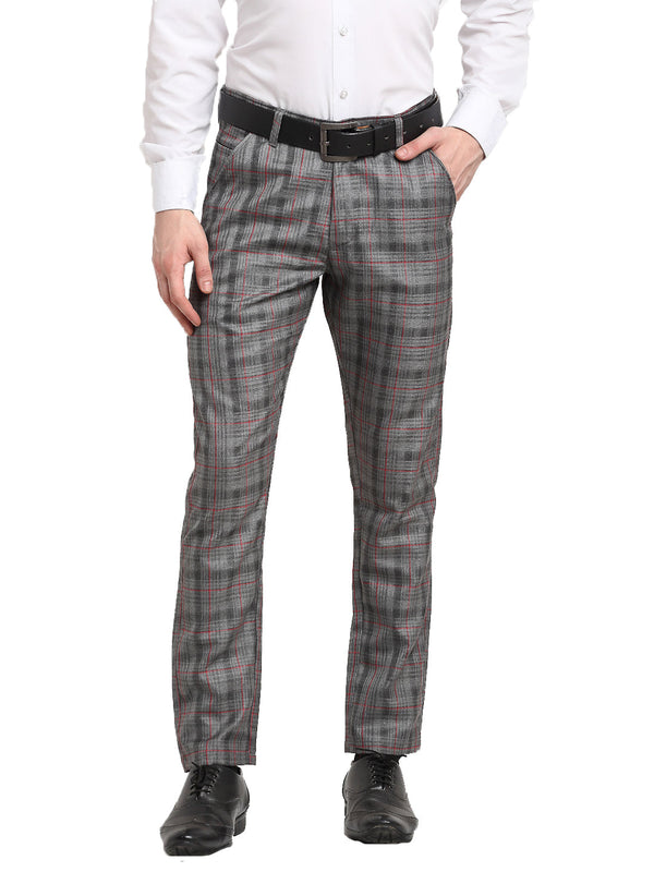 Indian Needle Men's Grey Cotton Checked Formal Trousers