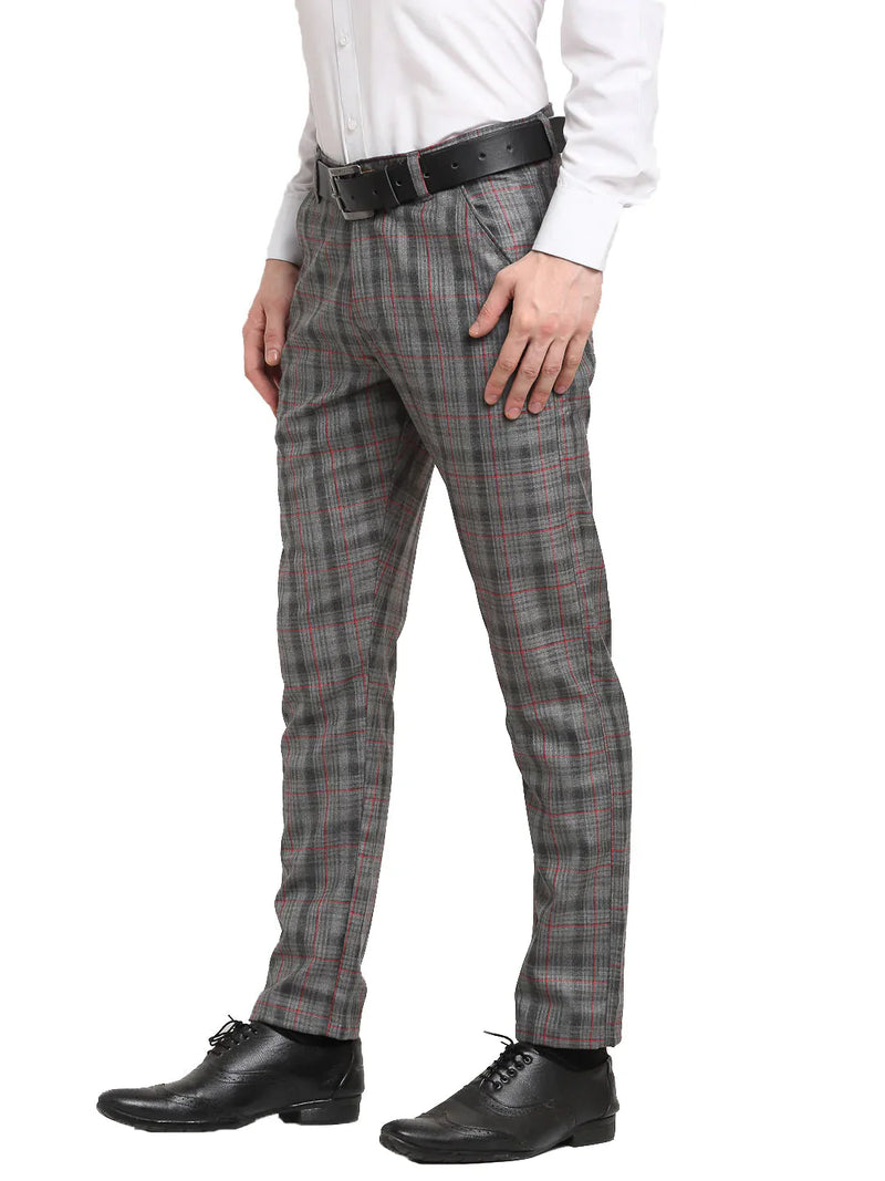 Jainish Men's Grey Cotton Checked Formal Trousers ( FGP 267Grey )