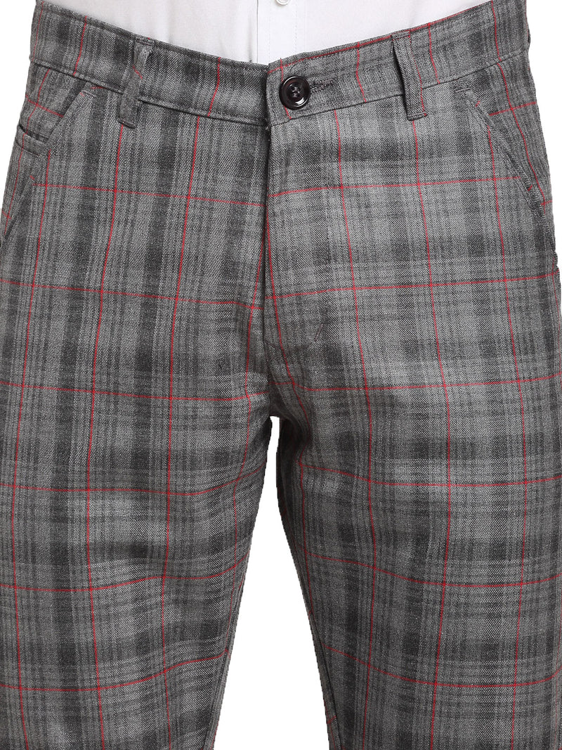 Indian Needle Men's Grey Cotton Checked Formal Trousers