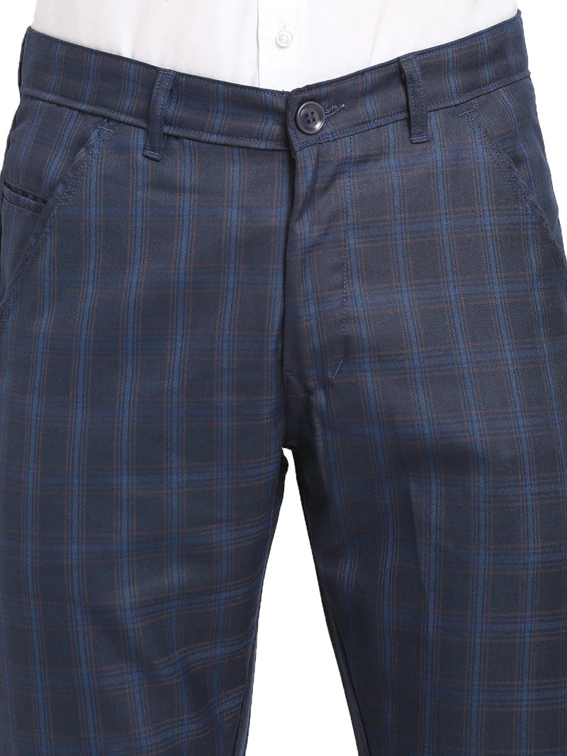 Jainish Men's Navy Blue Cotton Checked Formal Trousers ( FGP 267Navy )