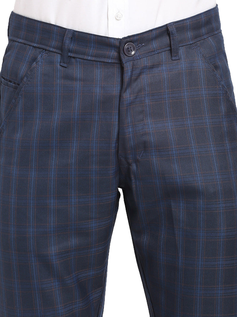 Indian Needle Men's Navy Blue Cotton Checked Formal Trousers