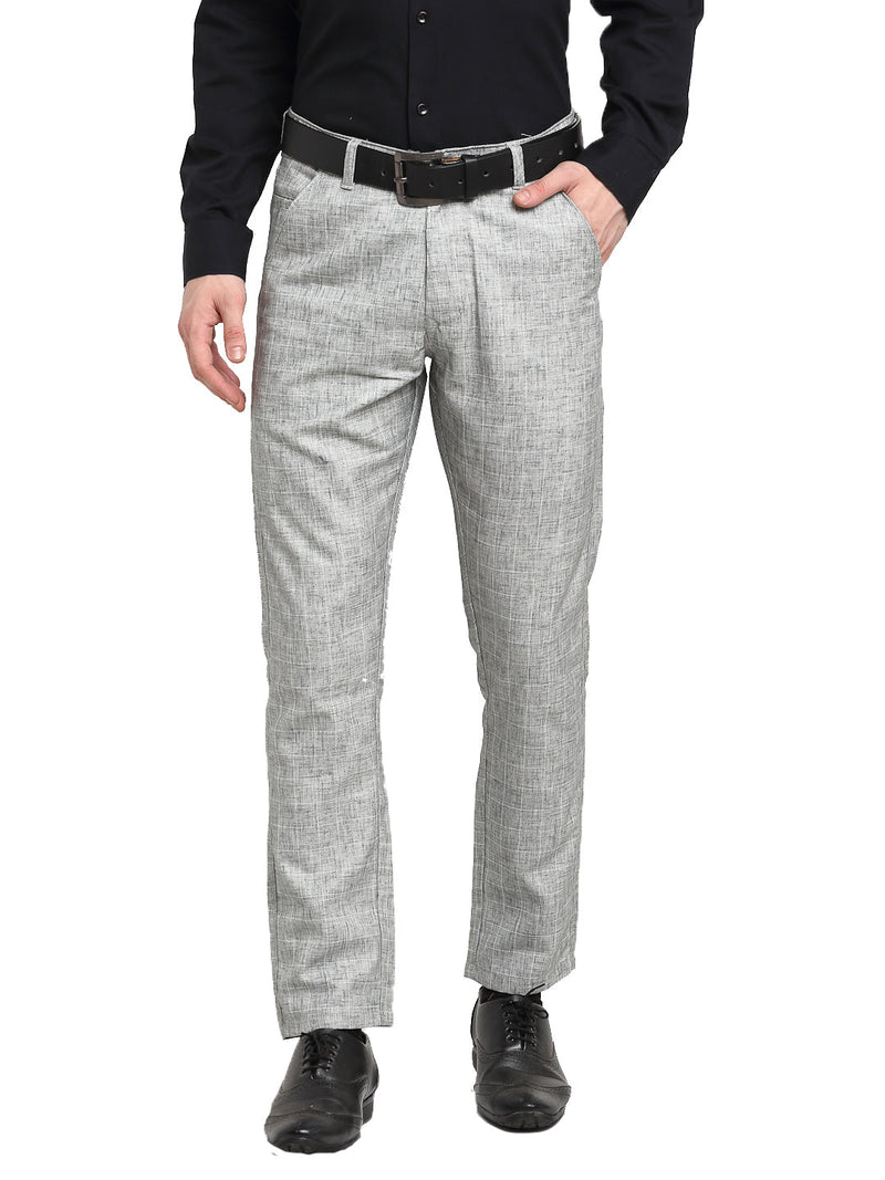 Indian Needle Men's Grey Cotton Solid Formal Trousers