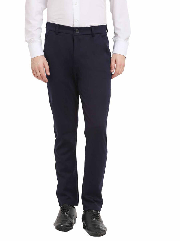 Indian Needle Men's Navy Blue 4-Way Lycra Tapered Fit Trousers