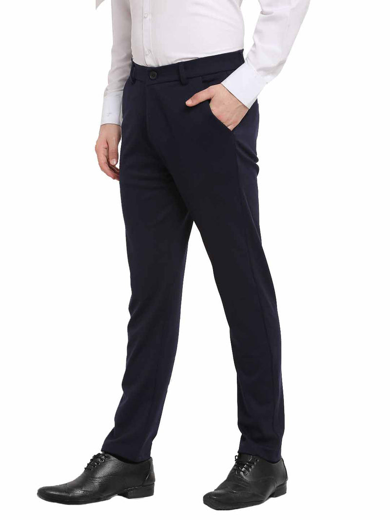 Indian Needle Men's Navy Blue 4-Way Lycra Tapered Fit Trousers