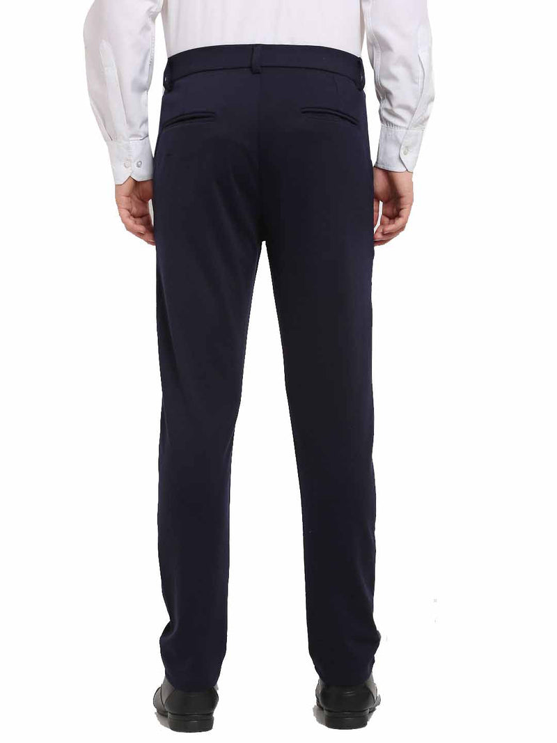 Indian Needle Men's Navy Blue 4-Way Lycra Tapered Fit Trousers