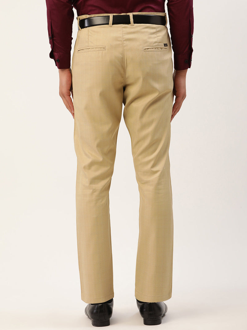 Indian Needle Men's Beige Checked Formal Trousers