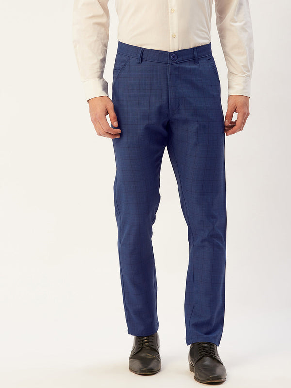 Indian Needle Men's Blue Checked Formal Trousers