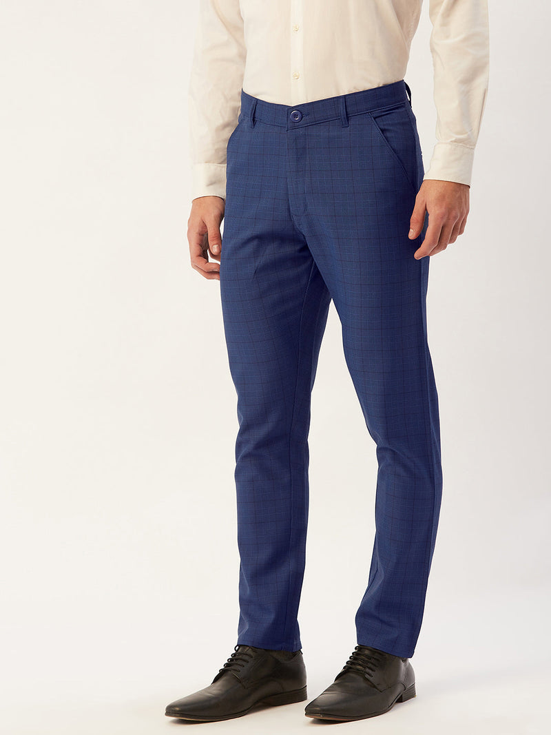 Indian Needle Men's Blue Checked Formal Trousers